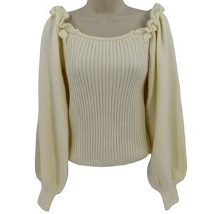 Ivory Cream Knit Off The Shoulder Ruffle Pullover Sweater